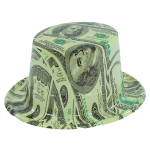Green plastic top hat featuring a realistic $100 bill pattern for party costumes