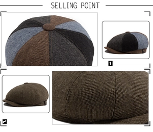 Detailed view of vintage patchwork newsboy cap with textured tweed fabric and metal studs