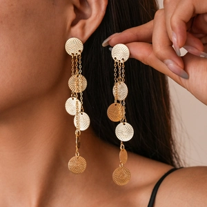Geometric Textured Round Plate Metal Long Tassel Drop Earrings With 925 Sterling Silver Earring Post For Women