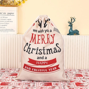 Canvas Christmas drawstring gift bag featuring Santa backpack style print and festive wishes