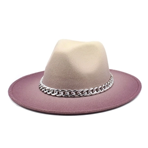Detail of two-tone wool fedora hat featuring a chunky silver metal chain band
