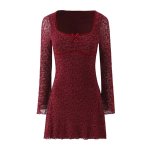Vintage Women Wine Red Floral Rose Lace Mini Dress Long Sleeve Velvet Trim Bow Deep V-Neck Sexy Bodycon Flare Sleeve Dress