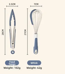 Detailed specs for blue silicone food tongs and whisk with stainless steel handles