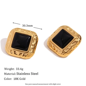 Vintage square black acrylic earrings with hammered 18K gold-plated stainless steel texture