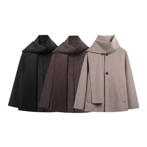 Women's short wool coat set in black, dark brown, and beige with stylish scarf collar