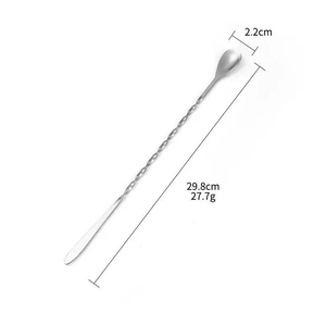 Detail view of 29.8cm stainless steel cocktail spoon with twisted handle and dimensions