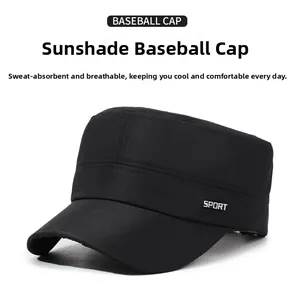 Detail of a black flat top peaked cap with SPORT print and breathable fabric texture