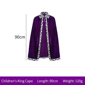 Detail of 90cm purple velvet king cloak for kids with dalmatian print trim and neck tie