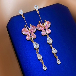 Butterfly Tassel Dangle Earrings Pink Zircon Elegant Long Drop Copper Jewelry 925 Sterling Silver Earring Post For Women