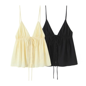 Women Sexy Spaghetti Strap Camisole Top V Neck Button Front Drawstring Waist Ruffled Hem Summer Acrylic Spandex Cotton