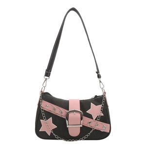 Y2K denim shoulder bag with pink leather straps, star patches, and silver chain detail