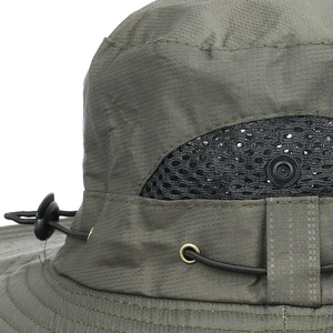 Army green tactical bucket hat with ripstop texture and breathable mesh window detail