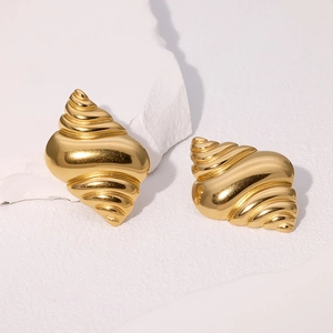 Golden ocean style conch shell stud earrings with spiral texture in stainless steel