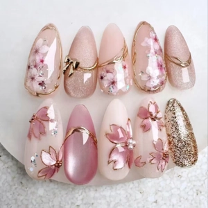 Cat Eye Pink Almond Press On Nails 3D Cherry Blossom Floral Design Artificial Pearl Rhinestone Decoration Sweet Elegant