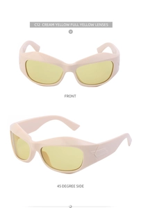Front and 45-degree side view of cream yellow wrap-around cat-eye sports sunglasses