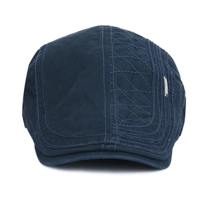 Classic navy cotton beret hat with quilted side detail and metallic plate for men