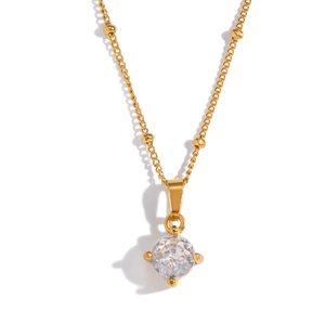 Detailed view of a gold satellite chain necklace with a round clear zircon pendant