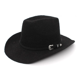 Chapeau Panama noir tressé à large bord avec boucle argentée vintage sur ruban cuir
