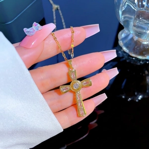 Handheld gold titanium steel cross necklace with micro-paved sparkling cubic zirconia stones