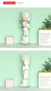 Detail view of 35cm white nutcracker king ornament with silver scepter and fur hat