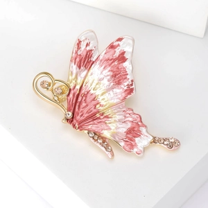 Elegant enamel butterfly brooch with pink red gradients and rhinestones for women