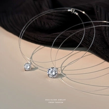 Close-up of S925 sterling silver zircon pendants on invisible fish line necklace