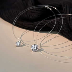 Round Zircon Mermaid Tear Invisible Fishing Line Necklace 925 Sterling Silver Minimalist Solitaire Pendant Jewelry For Women