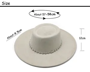 Size chart for off-white suede fedora with 9.5cm brim and 57-58cm head circumference