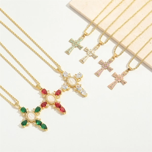 Cross pendant necklaces with Virgin Mary relief and colorful zircon or enamel
