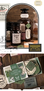 Macro detail of vintage style sticker set with botanical motifs and gold foil accents