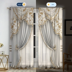 European style blackout curtains with gold embroidery in day and night contrast