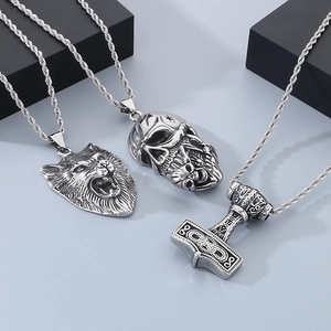Viking Thor Hammer and skull pendants in silver stainless steel with punk style twist chains