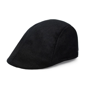 Classic black linen-cotton mesh newsboy cap with vintage texture in a side view
