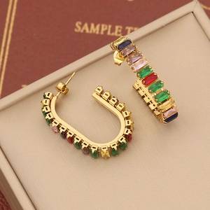 Rainbow rectangle zircon C-shaped stainless steel earrings in a gold finish