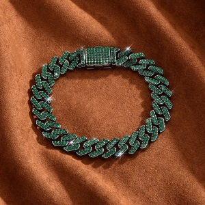 Hip hop 12mm Cuban link chain necklace with sparkling green rhinestones on dark metal