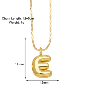 Detailed size parameters of gold 3D bubble letter E pendant necklace with bead chain