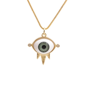 Golden Evil Eye pendant necklace with green iris and zircon accents on box chain