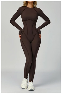 Detailed front view of brown long sleeve yoga bodysuit with contrast stitching details
