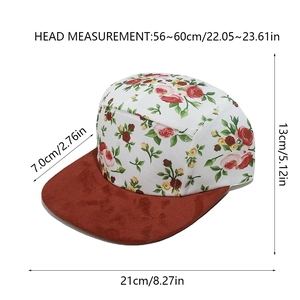 Detailed size chart for five-panel floral hat with red brim and 56-60cm head size