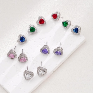 Sparkling silver stud earrings set with colorful heart-shaped cubic zirconia stones