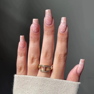 Press On Nails Pink Marble Coffin Shape Smudge Design Glossy Artificial Fingernails For Women