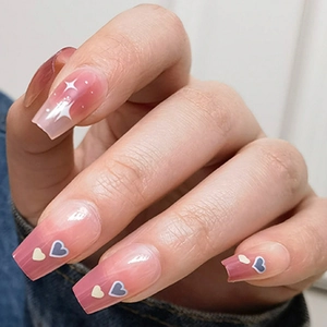 Faux Ongles À Presser Dégradé Rose Long Cercueil Motif Cœur Étoile Brillant Style Doux Et Cool Pour Manucure Femme