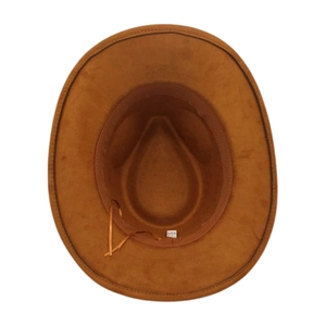 Detail view of brown suede jazz hat interior with adjustable drawstring and inner sweatband