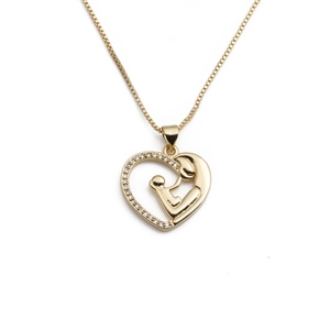 Collier en cuivre doré avec pendentif en forme de cœur et motif mère et enfant