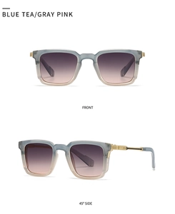 Front and side views of square blue frames with gray-pink gradient lenses and gold accents