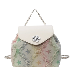 Minimalist chain backpack in cream white fabric with star patterns and fringe detail