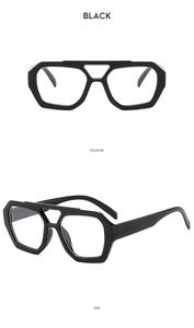 Front and side view of thick geometric black aviator frames with polished finish