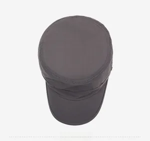 Top view of dark grey quick-dry flat top military cap showing precise stitching and mesh fabric