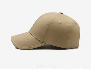 Side profile of a khaki cotton twill baseball cap with six-panel design and curved brim