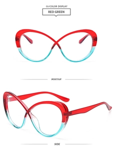 Detail view of red and green gradient butterfly frames made of lightweight TR90 material